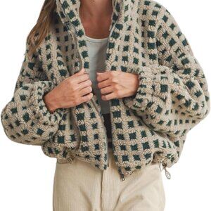 Women’s Long Sleeve Cropped Sherpa Fleece Plaid Jacket Casual Chunky Teddy Fleec